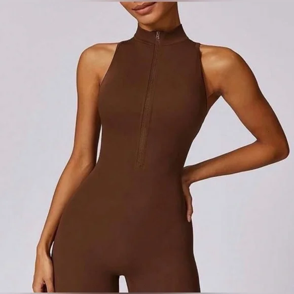 Backless Brown Jumpsuit with zipper tummy Control and Scrunch butt size L - Picture 2 of 9